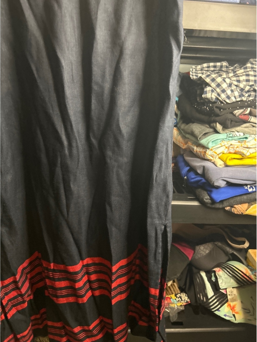 Vintage Black Midi Skirt with Red Striped Hem and Side Slit